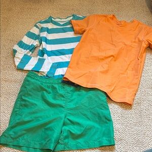Primary Kids Swim Set - Teal Stripe & Orange Rash Guards, Green Swim Shorts